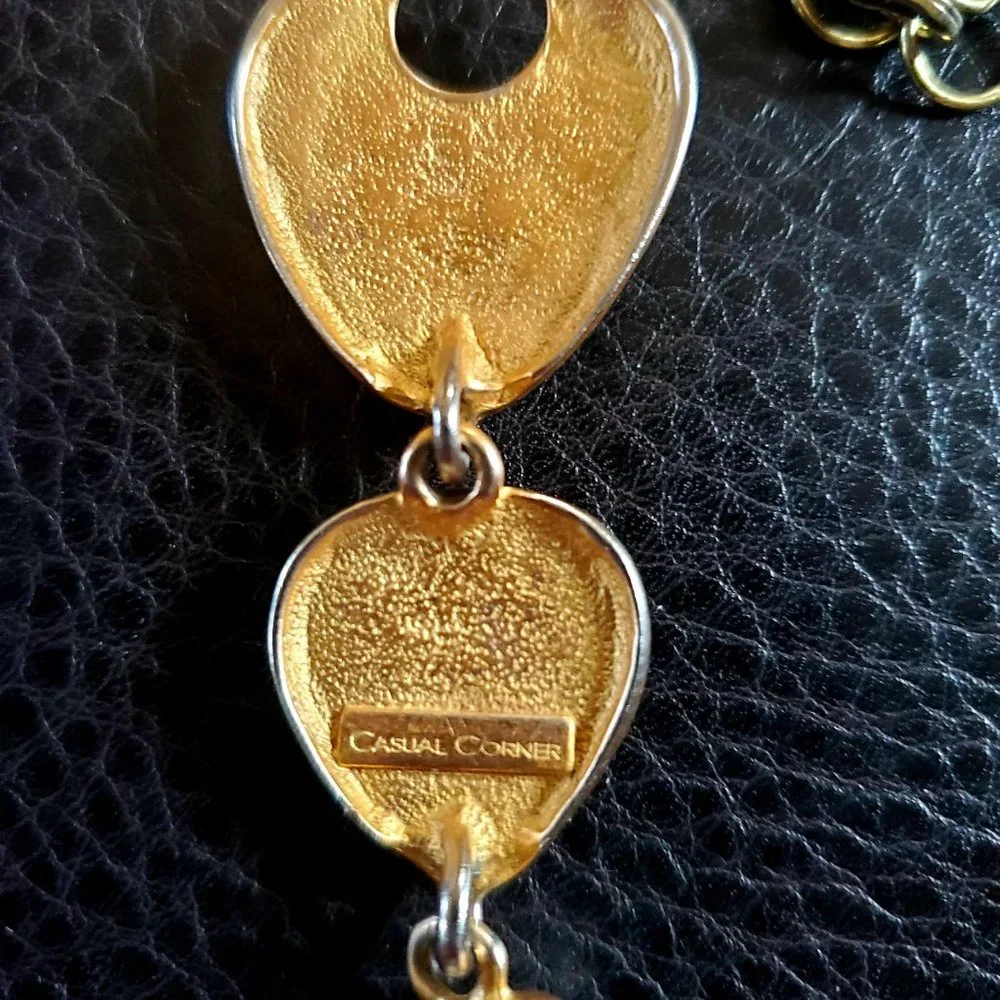 Brushed Gold Black Rhinestone Long Dangle Pendant Dressy Necklace Vintage 20